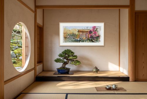 «Jardín japonés», cuadro original de Alicia Prado, colgado en sala de té en un pabellón zen
