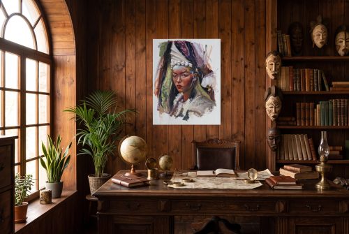 «Joven tribal», cuadro original de Alicia Prado, colgado en estudio de un antropólogo en una villa colonial