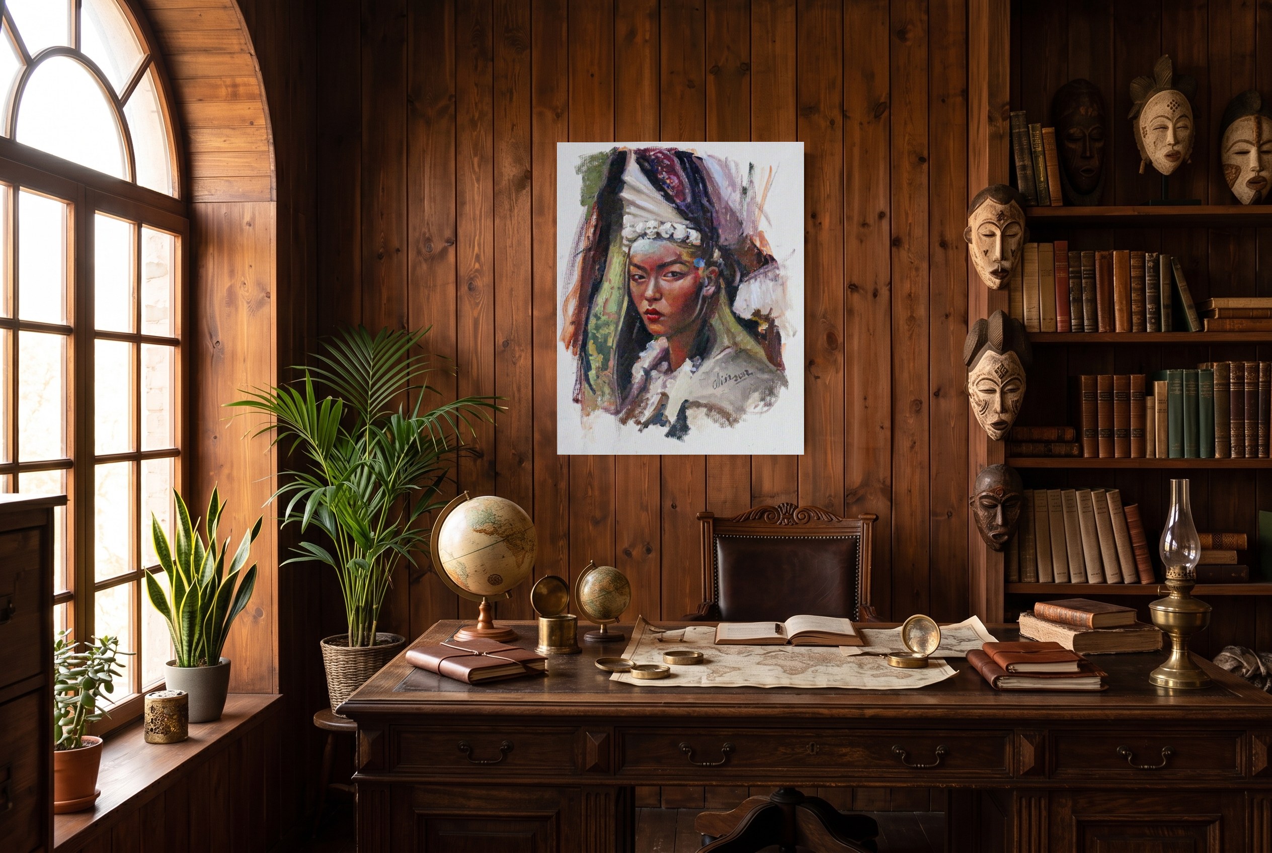 «Joven tribal», cuadro original de Alicia Prado, colgado en estudio de un antropólogo en una villa colonial
