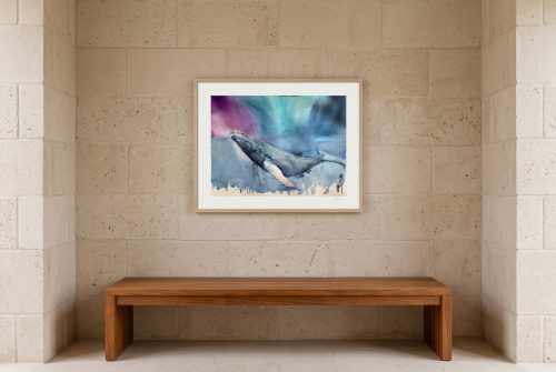 «La Ballena y la Aurora», cuadro original de Alicia Prado, colgado en sala de bienestar en un spa de Málaga