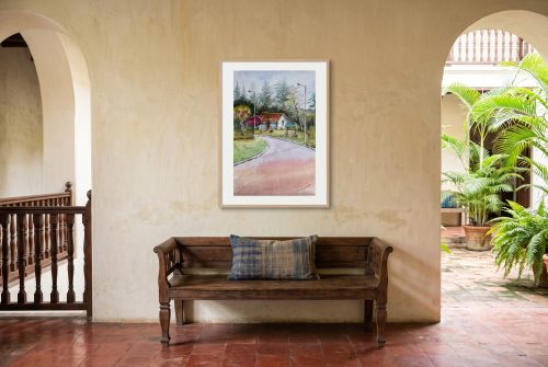 «La parada de Javier Loyola», cuadro original de Alicia Prado, colgado en galería de una casona colonial en Cuenca