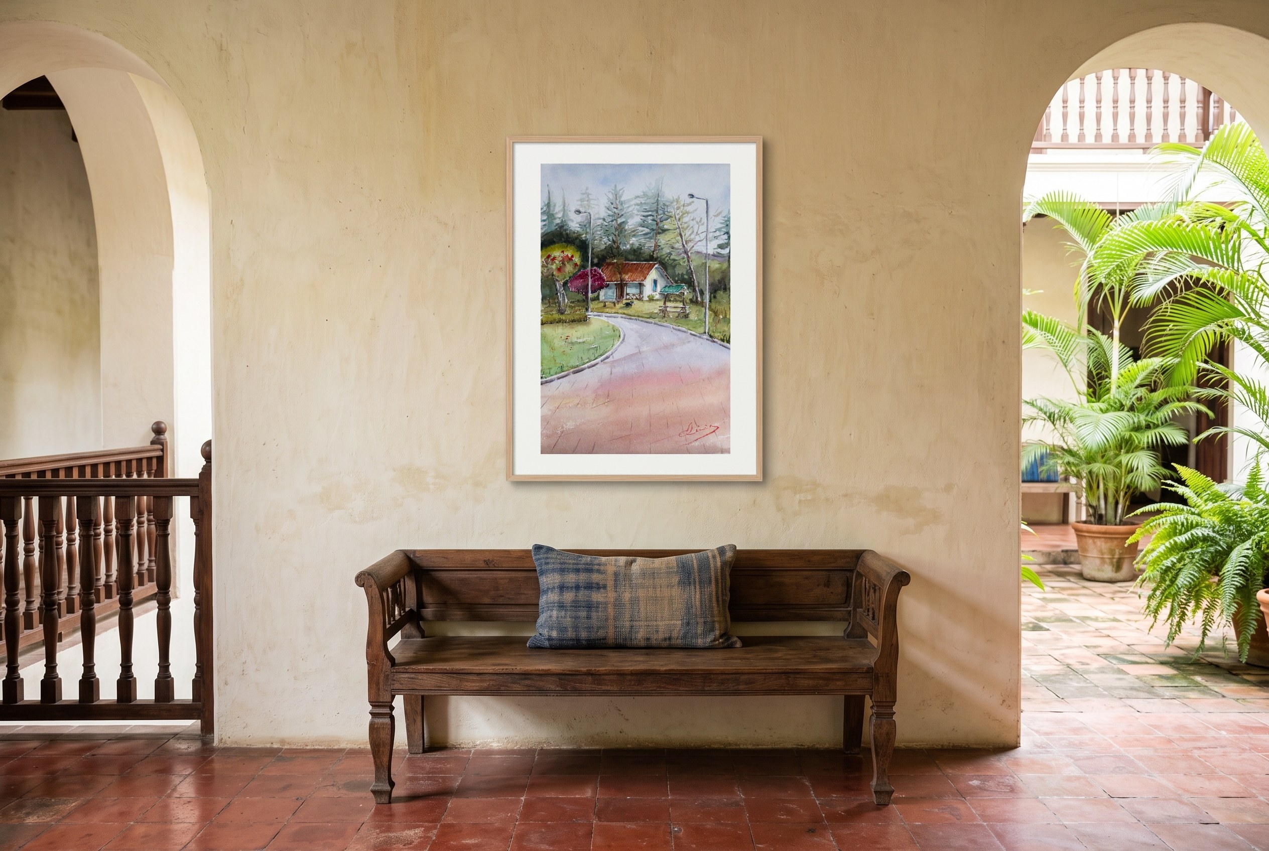 «La parada de Javier Loyola», cuadro original de Alicia Prado, colgado en galería de una casona colonial en Cuenca