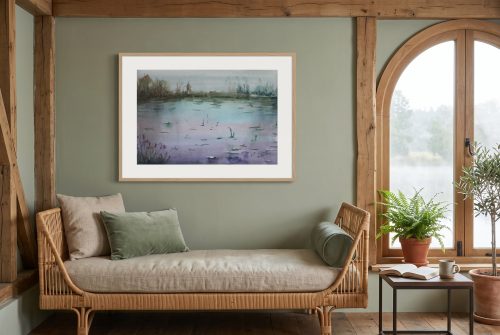 «Lago con marco», cuadro original de Alicia Prado, colgado en embarcadero rehabilitado como salón de té