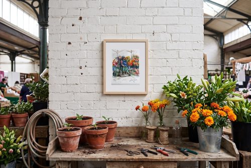 «Las vendedoras de flores», cuadro original de Alicia Prado, colgado en rincón de floristería en un mercado tradicional