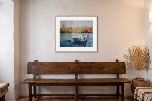 «Mar y barca», cuadro original de Alicia Prado, colgado en taberna marinera en Pedregalejo