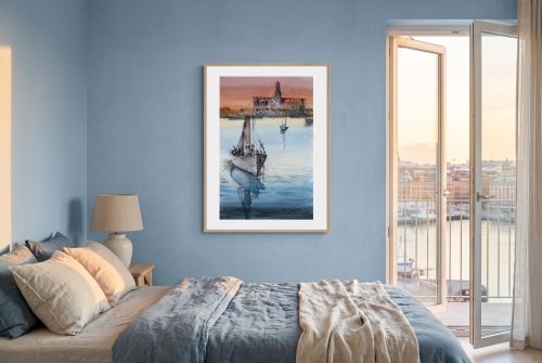 «Marina y catedral», cuadro original de Alicia Prado, colgado en suite señorial frente al puerto de Málaga