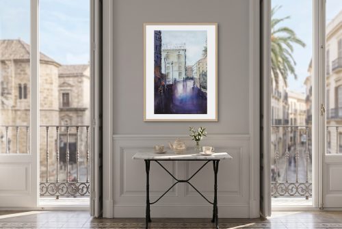 «Molina Lario», cuadro original de Alicia Prado, colgado en salón de té en una casa-palacio malagueña