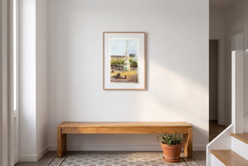 «Monumento al General Torrijos», cuadro original de Alicia Prado, colgado en zaguán de una casona en el centro de Málaga