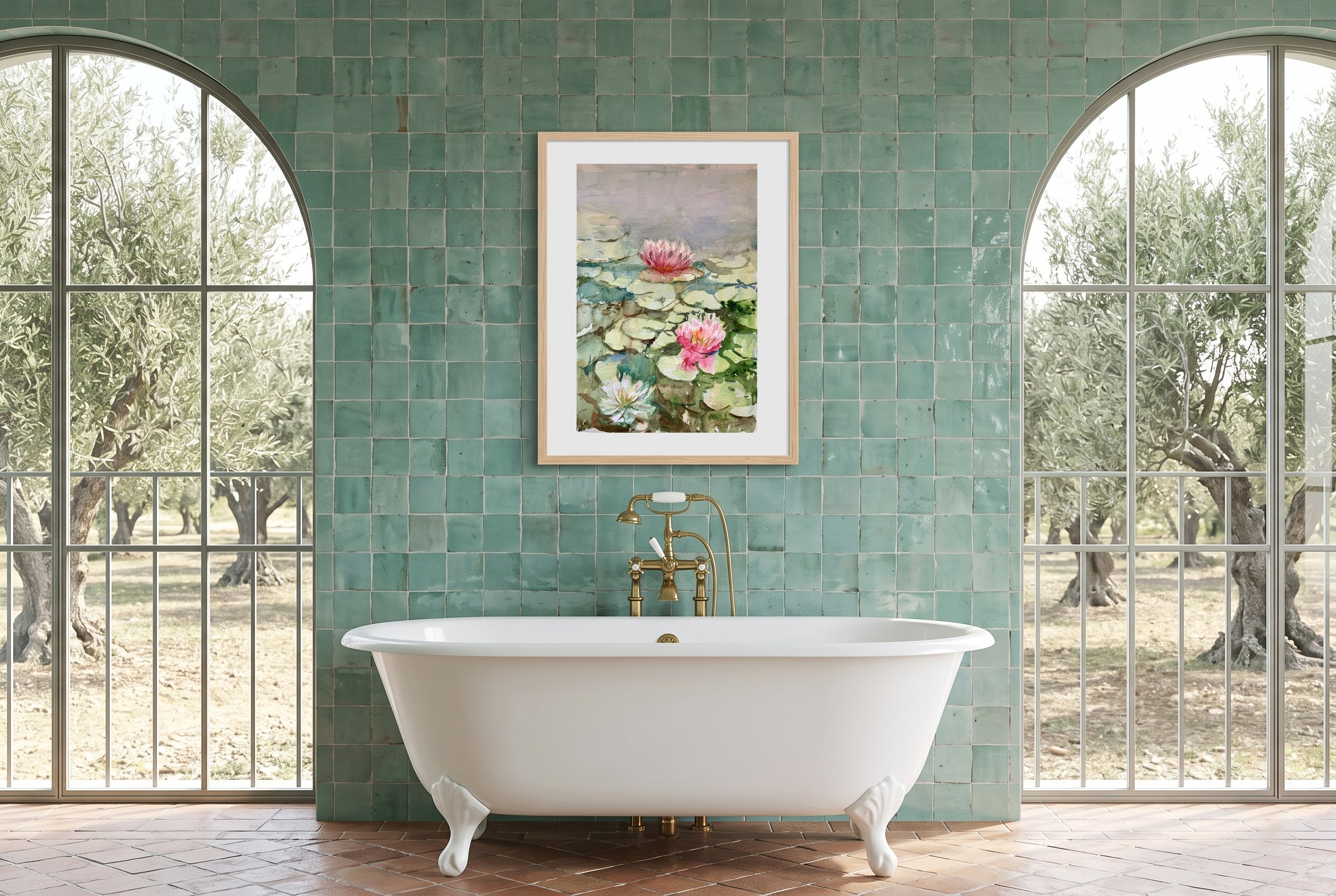 «Nenúfares en flor», cuadro original de Alicia Prado, colgado en cuarto de baño en un cortijo andaluz reformado