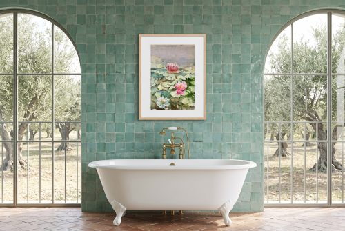 «Nenúfares en flor», cuadro original de Alicia Prado, colgado en cuarto de baño en un cortijo andaluz reformado