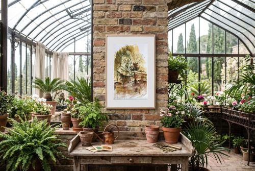 «Ninfa de la Finca de la Concepción», cuadro original de Alicia Prado, colgado en invernadero botánico de estilo victoriano