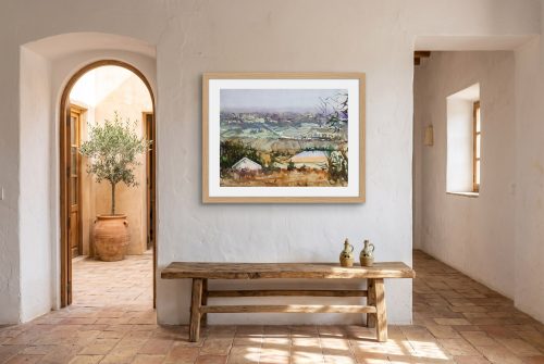«Paisaje lejano», cuadro original de Alicia Prado, colgado en distribuidor en un cortijo de la Axarquía