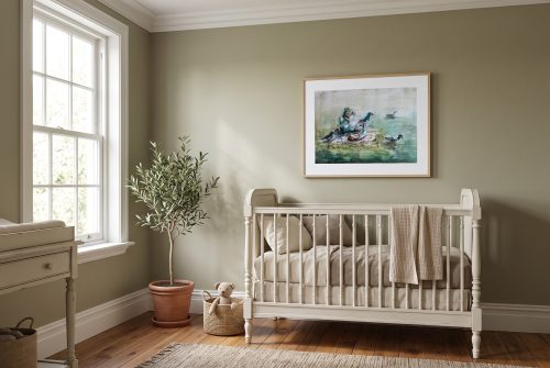 «Patos en el parque», cuadro original de Alicia Prado, colgado en dormitorio infantil en un palacete junto al Retiro