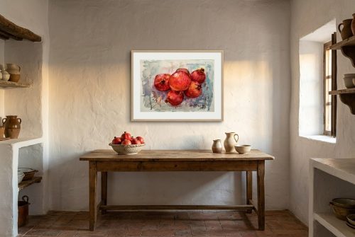 «Granadas», cuadro original de Alicia Prado, colgado en cocina de un cortijo andaluz en la Axarquía