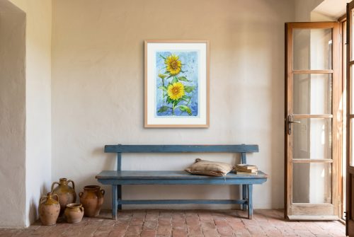 «Girasoles», cuadro original de Alicia Prado, colgado en entrada de casa de campo malagueña