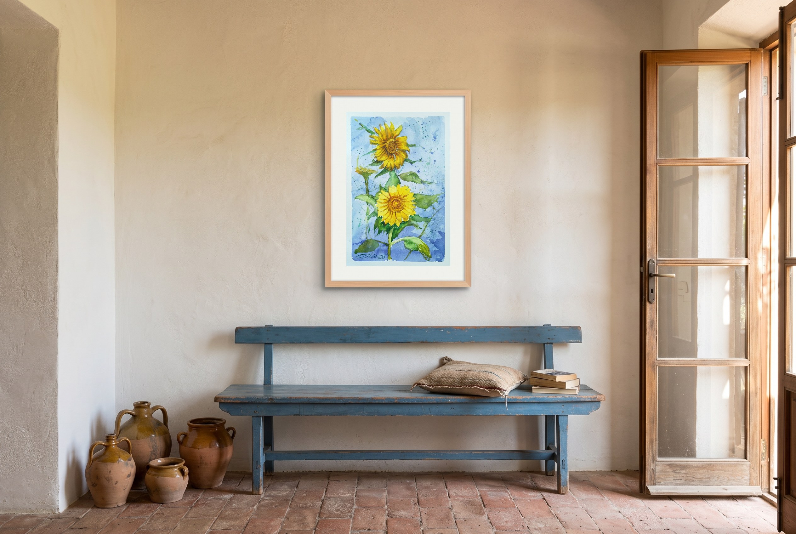 «Girasoles», cuadro original de Alicia Prado, colgado en entrada de casa de campo malagueña