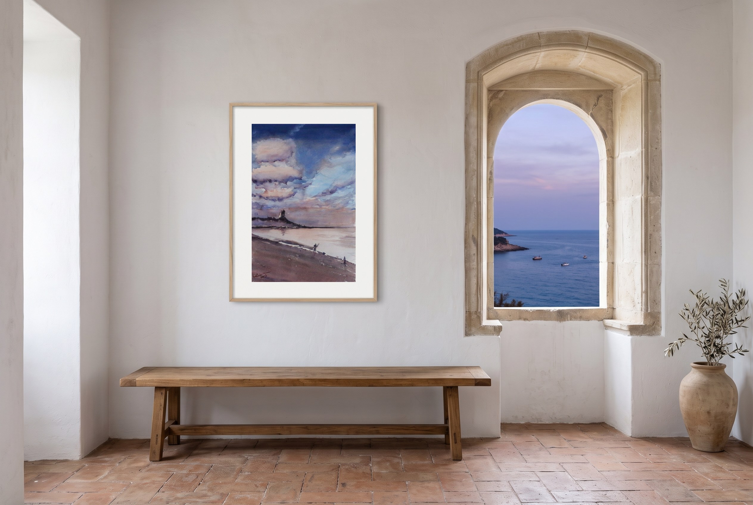 «Playa de la Araña», cuadro original de Alicia Prado, colgado en galería acristalada de una casa frente al mar en Málaga