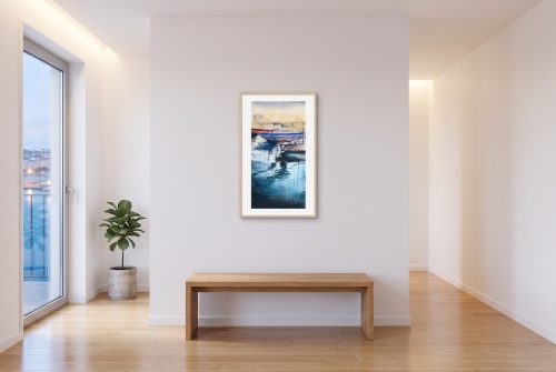 «Puerto», cuadro original de Alicia Prado, colgado en recibidor de un apartamento en el Muelle Uno