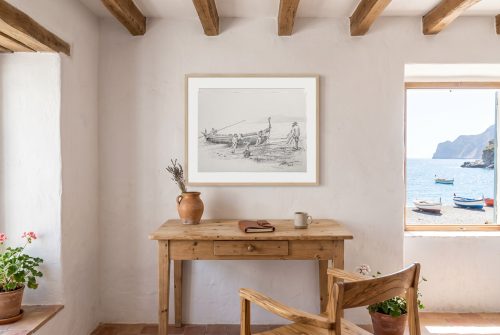 «Sacando el Copo», cuadro original de Alicia Prado, colgado en estudio en una casita de pescadores en Pedregalejo