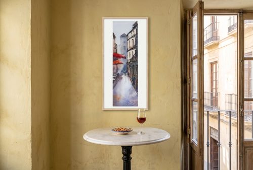 «San Agustín», cuadro original de Alicia Prado, colgado en taberna de vinos en el casco antiguo de Málaga