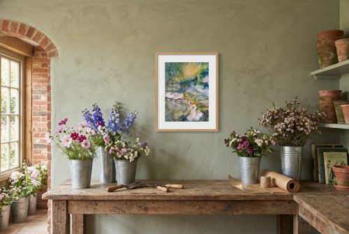 «Setas», cuadro original de Alicia Prado, colgado en floristería con mostrador de madera