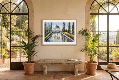 «Templete del botánico», cuadro original de Alicia Prado, colgado en atrio acristalado de un hotel boutique malagueño