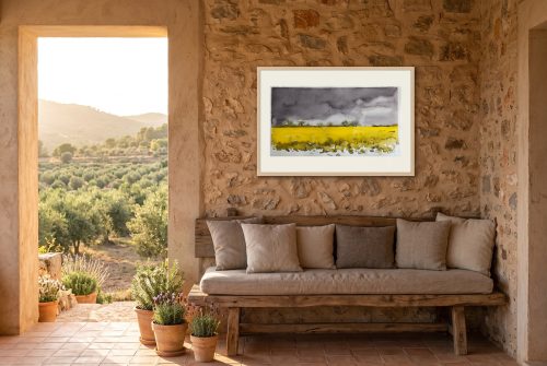 «Tormenta en el trigal», cuadro original de Alicia Prado, colgado en porche cubierto de una finca entre olivos