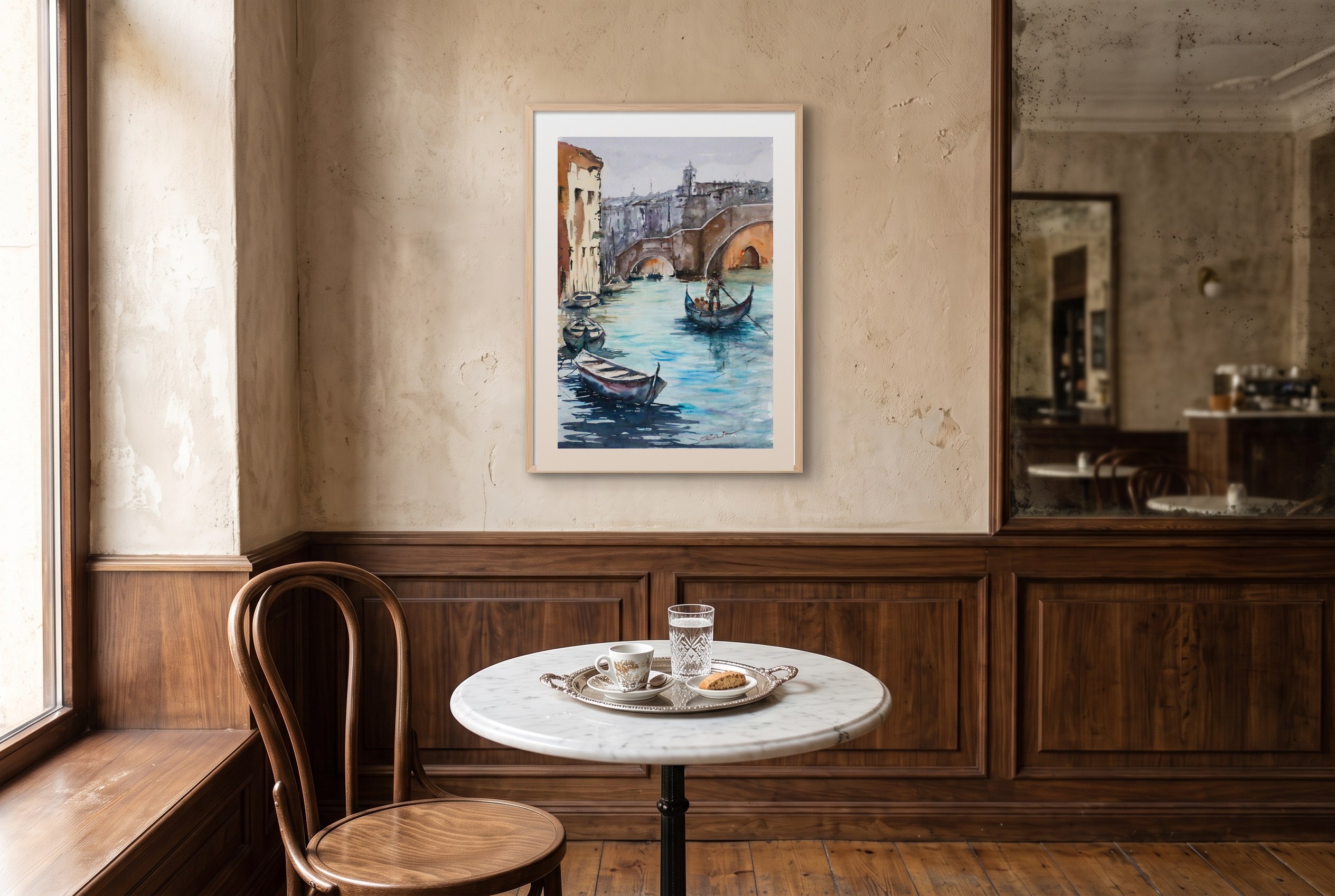 «Venecia», cuadro original de Alicia Prado, colgado en rincón de un café veneciano clásico